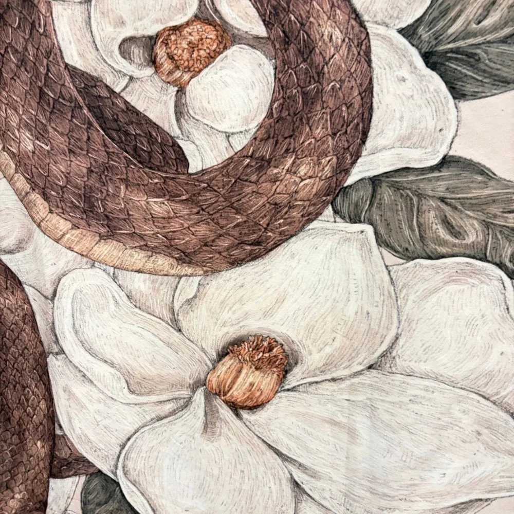 Snake Magnolia Floral Wall Hanging Pink Brown Dark Cottage Botanical Witchy Art